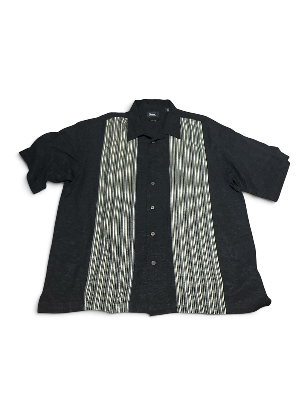 Haggar 100% Silk Black Striped Button Down Shirt Short Sleeve Textured XL